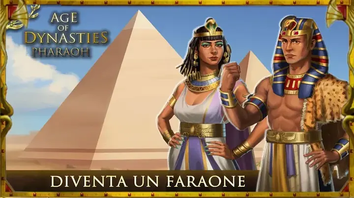 Faraone e regina davanti alla piramide nella schermata iniziale di Age of Dynasties