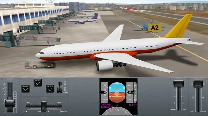 Un aereo di linea bianco fermo davanti al terminal in AIRLINE COMMANDER