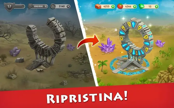 Ricostruzione di un tempio egizio prima e dopo in Cradle of Empires