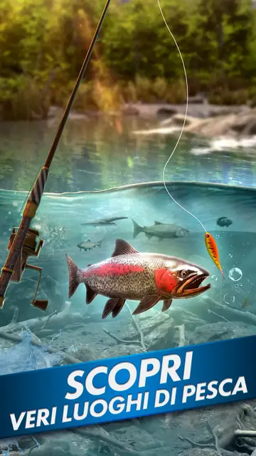 Scenario fluviale con canna in azione in Fishing Blitz