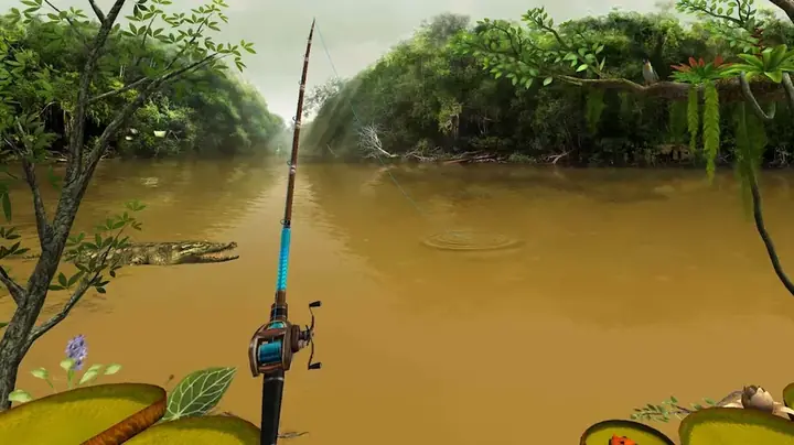 Canna da pesca lanciata su un fiume tropicale in Fishing Clash